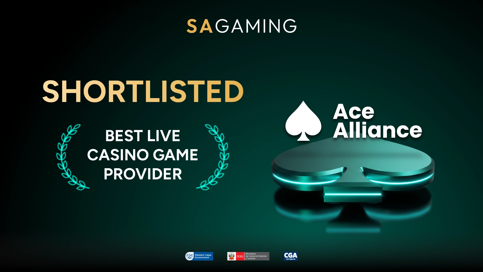 SA Gaming ACE Alliance iGaming Awards 2026 graphic for Best Live Casino Game Provider shortlisting with a teal spade podium